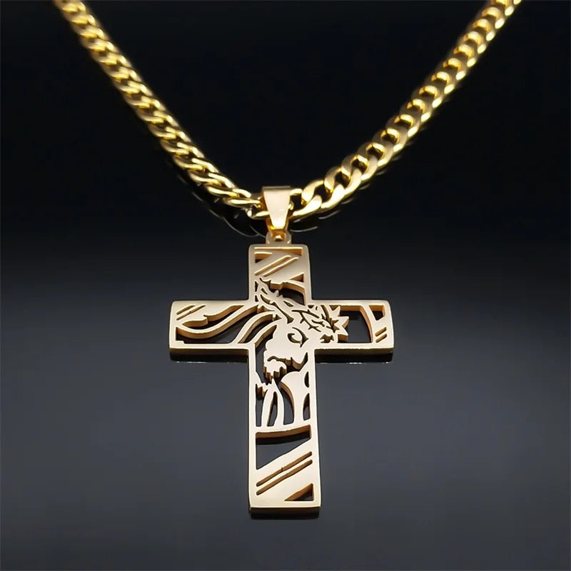 Hip Hop Punk Crown of Thorns Jesus Cross Necklace for Men Stainless Steel Gold image 12