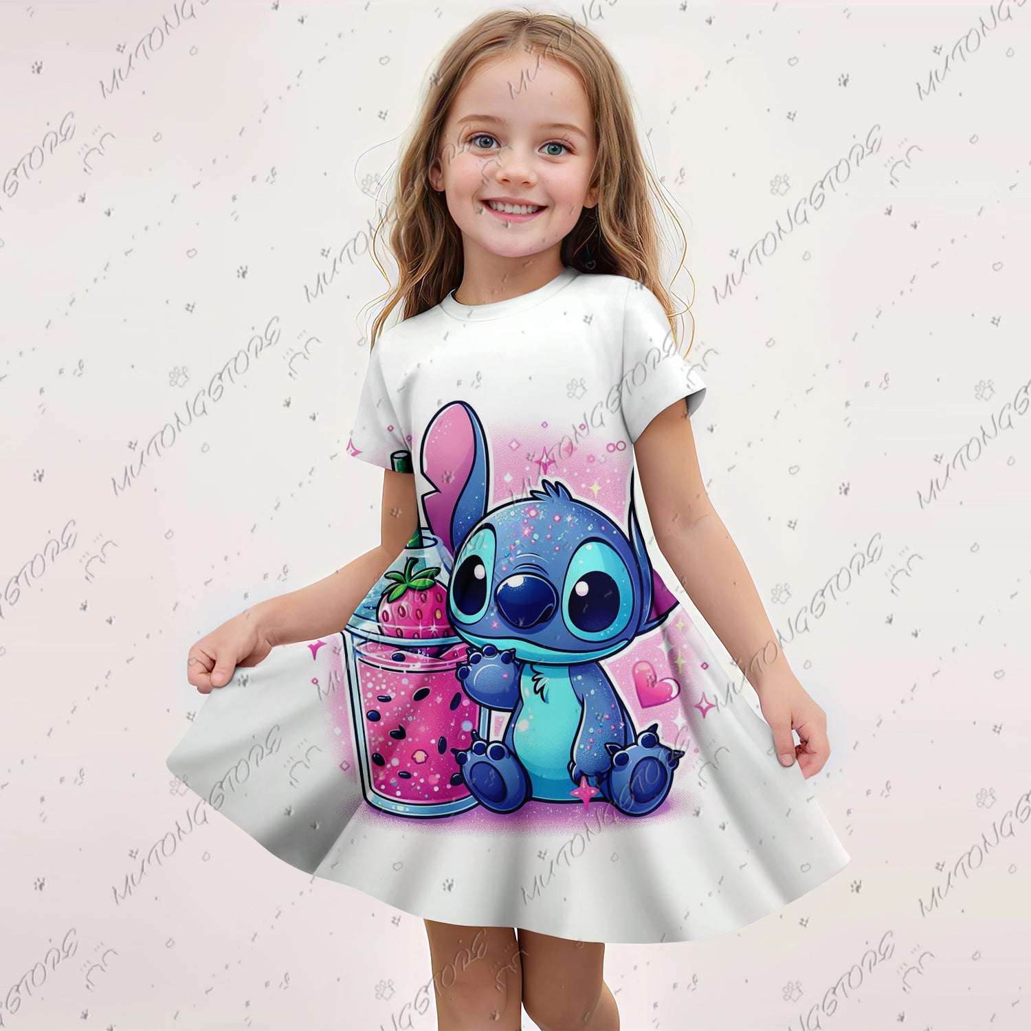 2024 Summer Girls Gift Short Sleeve Dress Original Cute Stitch 3d Print Kids Sk image 1