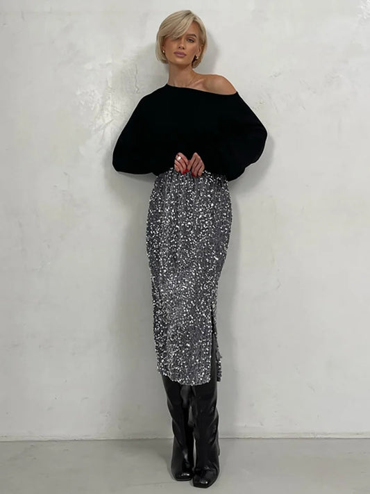 Silver Black Sequin Skirt Women Elegant Vintage Punk Evening Dress Slit Cute Su image 0