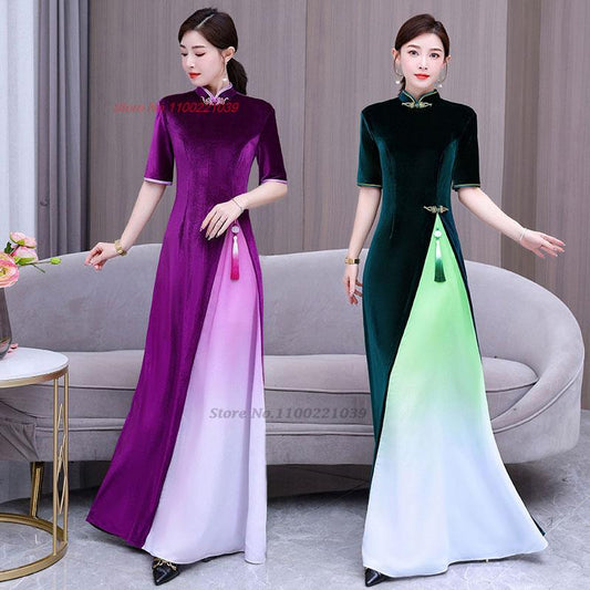 2024 aodai traditional vietnam velvet cheongsam dress gradient color vintage qi image 0