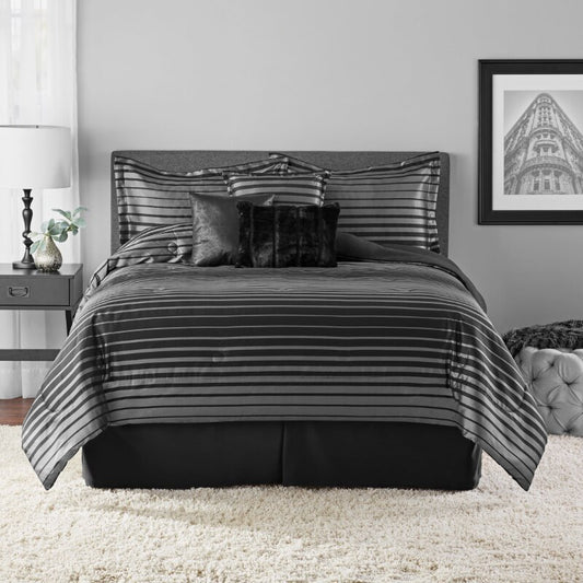 Mainstays Midnight 7-Piece Black Striped Woven Comforter Set, Full/Queen image 0