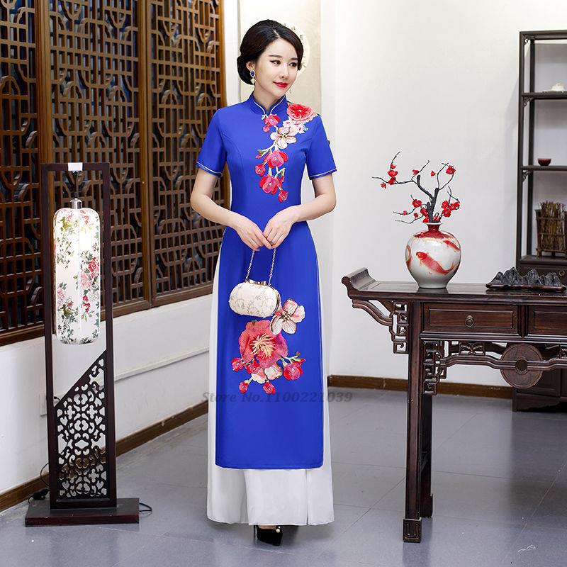 2024 vietnamese aodai vietnam cheongsam folk style qipao chinese flower embroid image 2