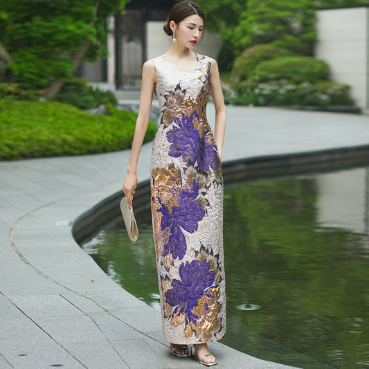 2024 Summer Jacquard Dress Pencil Straight Dress O-neck Sleeveless Party Evenin image 0