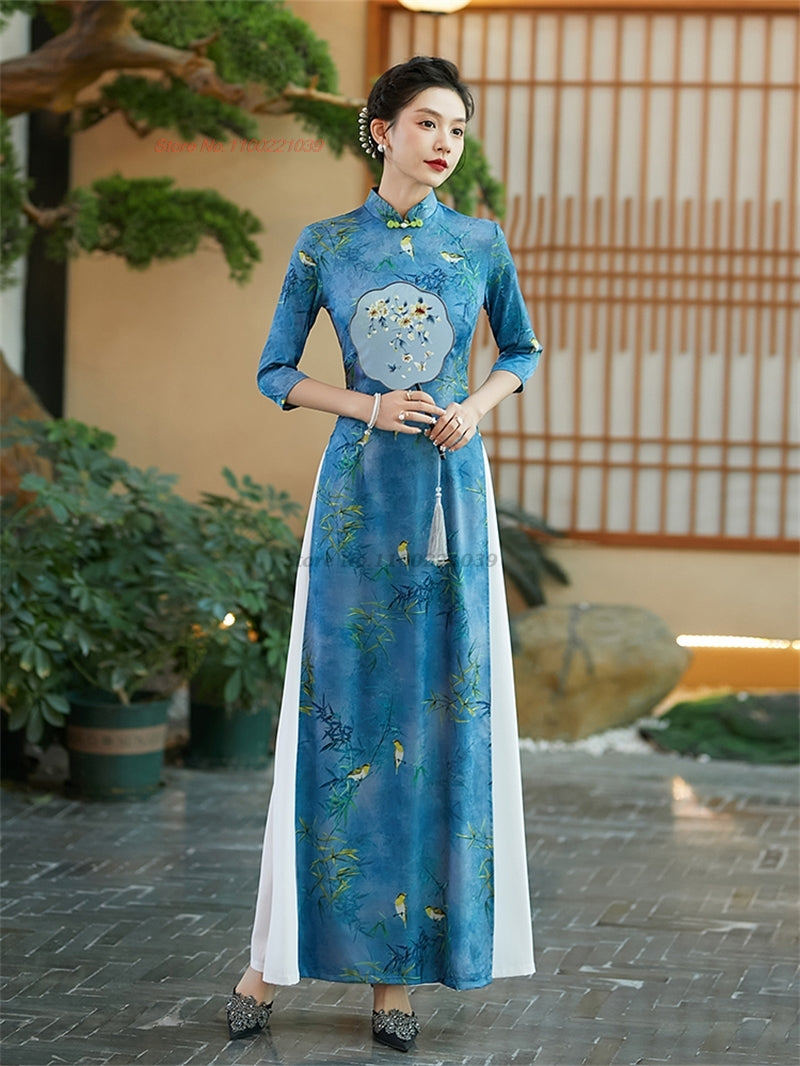 2024 vietnam traditional dress improved qipao national flower print vietnam ao  image 5