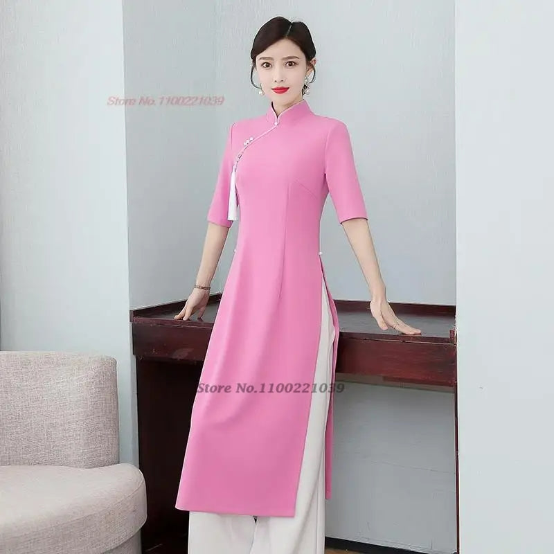 2024 vietnam traditional clothing aodai vietnam dress+pants set improved cheong image 2