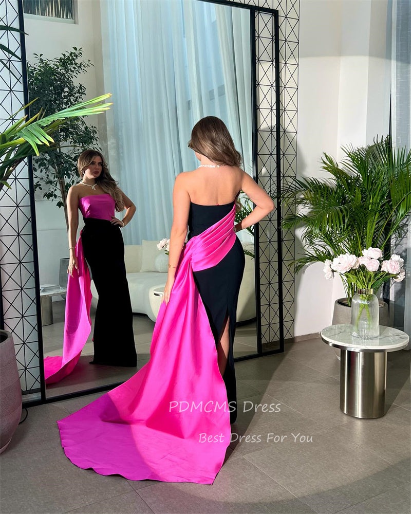 Charming Hot Pink/Black Satin Evening Party Dresses Strapless Floor Length Simp image 3