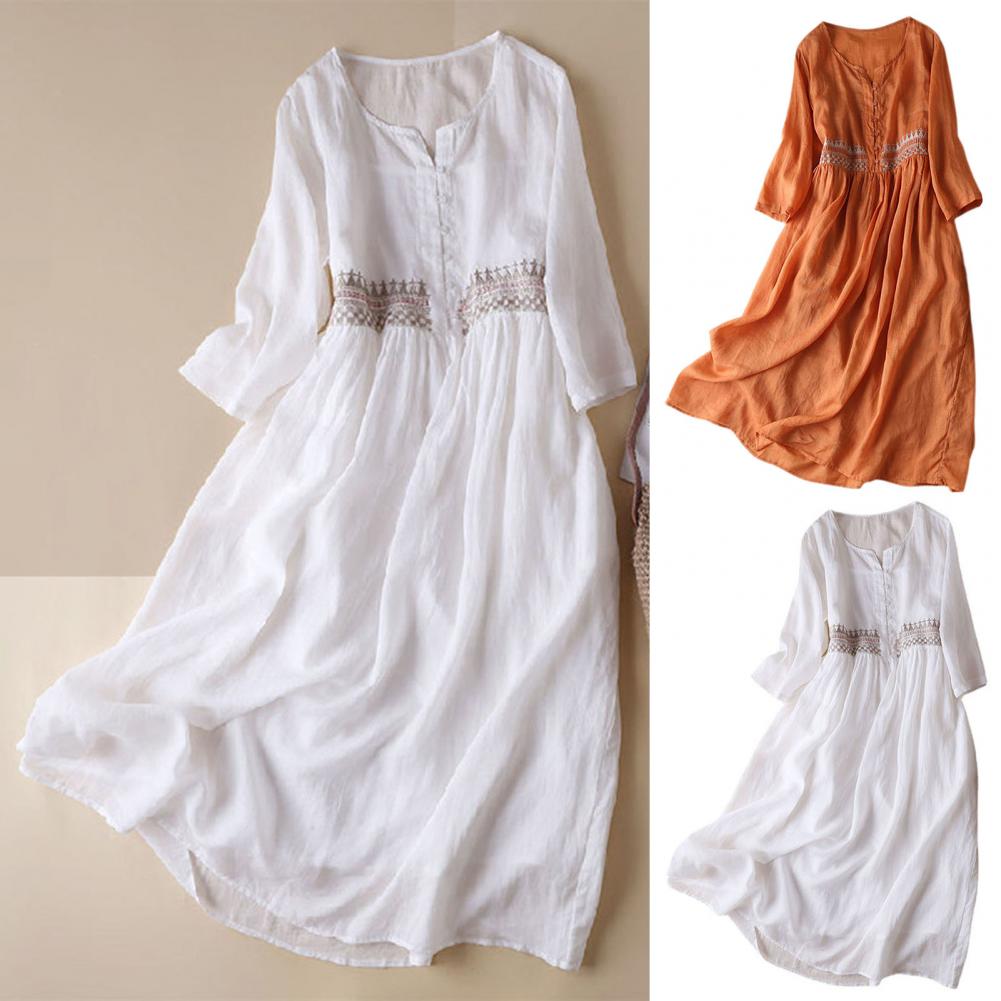 Cotton Casual Dress Elegant Ethnic Embroidered Midi Dress with High Waist Doubl image 6
