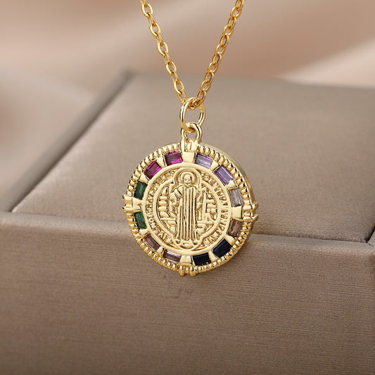 Zircon Round Blessed Virgin Mary Necklaces For Women Gold Color Stainless image 0