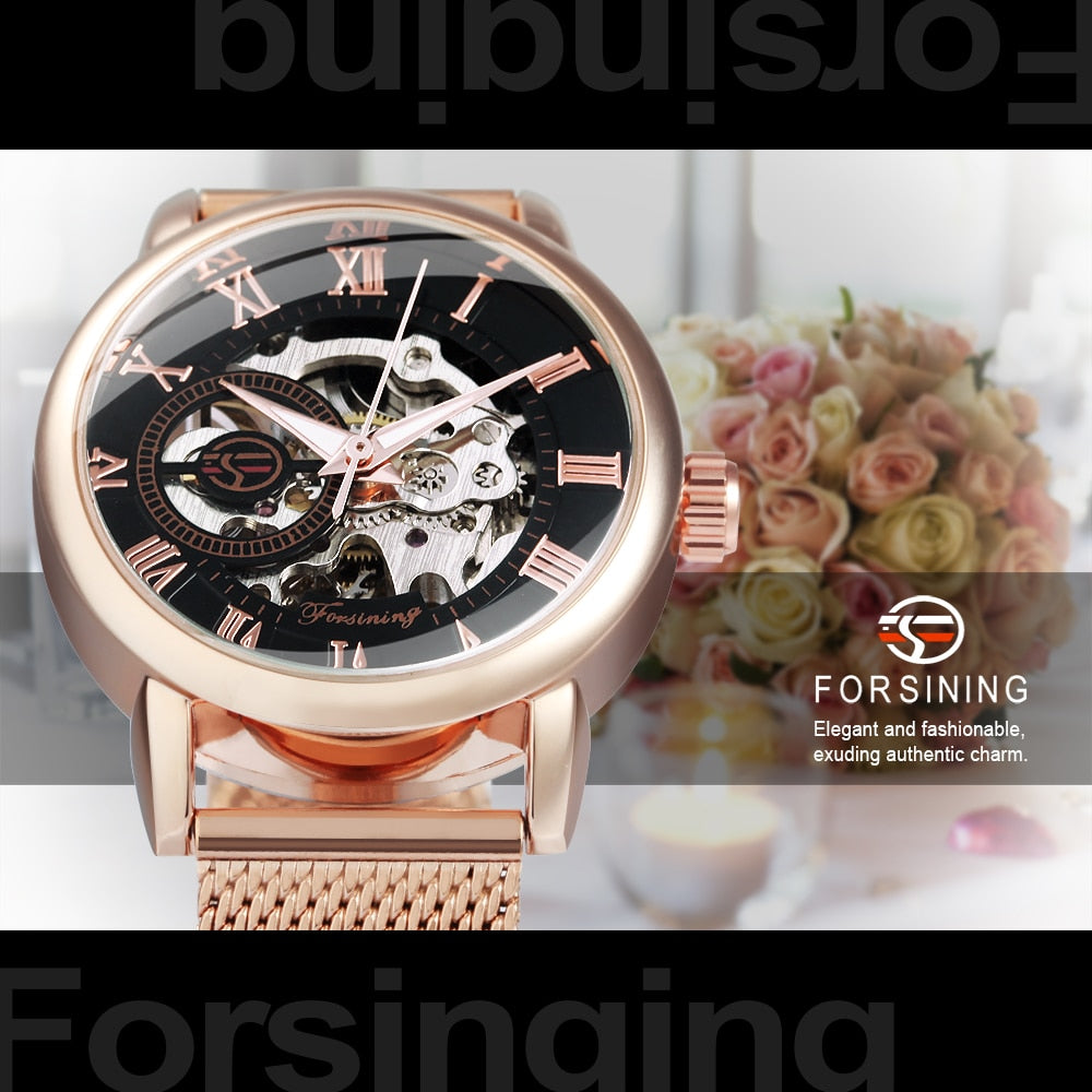 Forsining Rose Gold Skeleton Mechanical Watch for Women Fashion Luminous Hands image 3