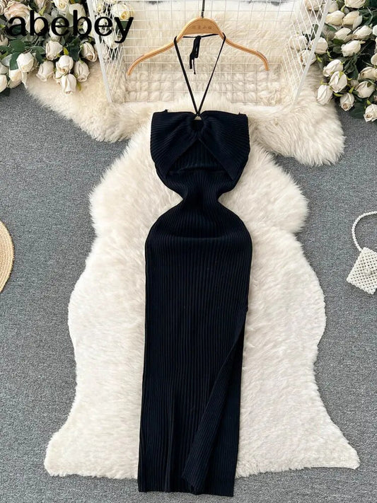 Ins Fashion Solid Knitted Women Dress 2023 Summer Halter Sleeveless Bodycon Dre image 0