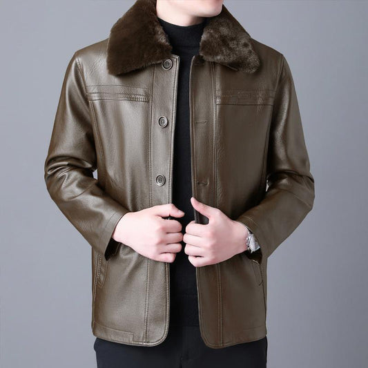 Winter Fur Collar Leather Jacket Men's Button Pu Leather Men Large Size Loose P image 0