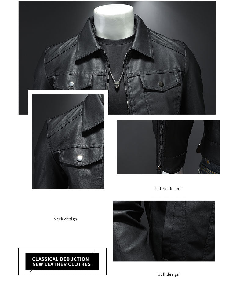 Men's lapel leather jacket autumn oversized slim motorcycle riding suit winter  image 4