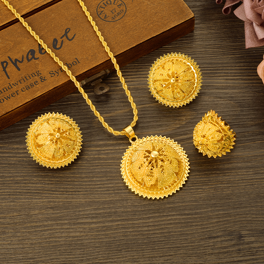 Ethiopian Geometry Round Fower Pendant Earrings Jewelry Sets Gold Color African image 0