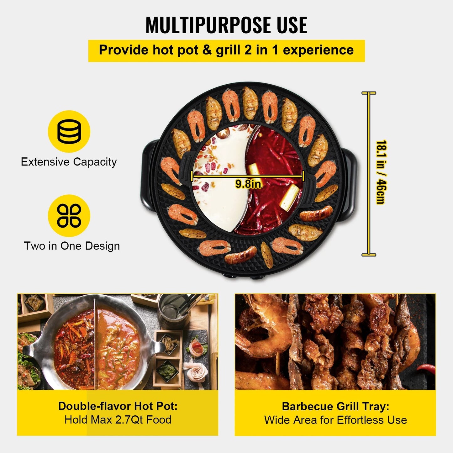 VEVOR 2 in 1 Electric Hot Pot BBQ Grill 2200W Multifunction Portable Home Non-S image 2