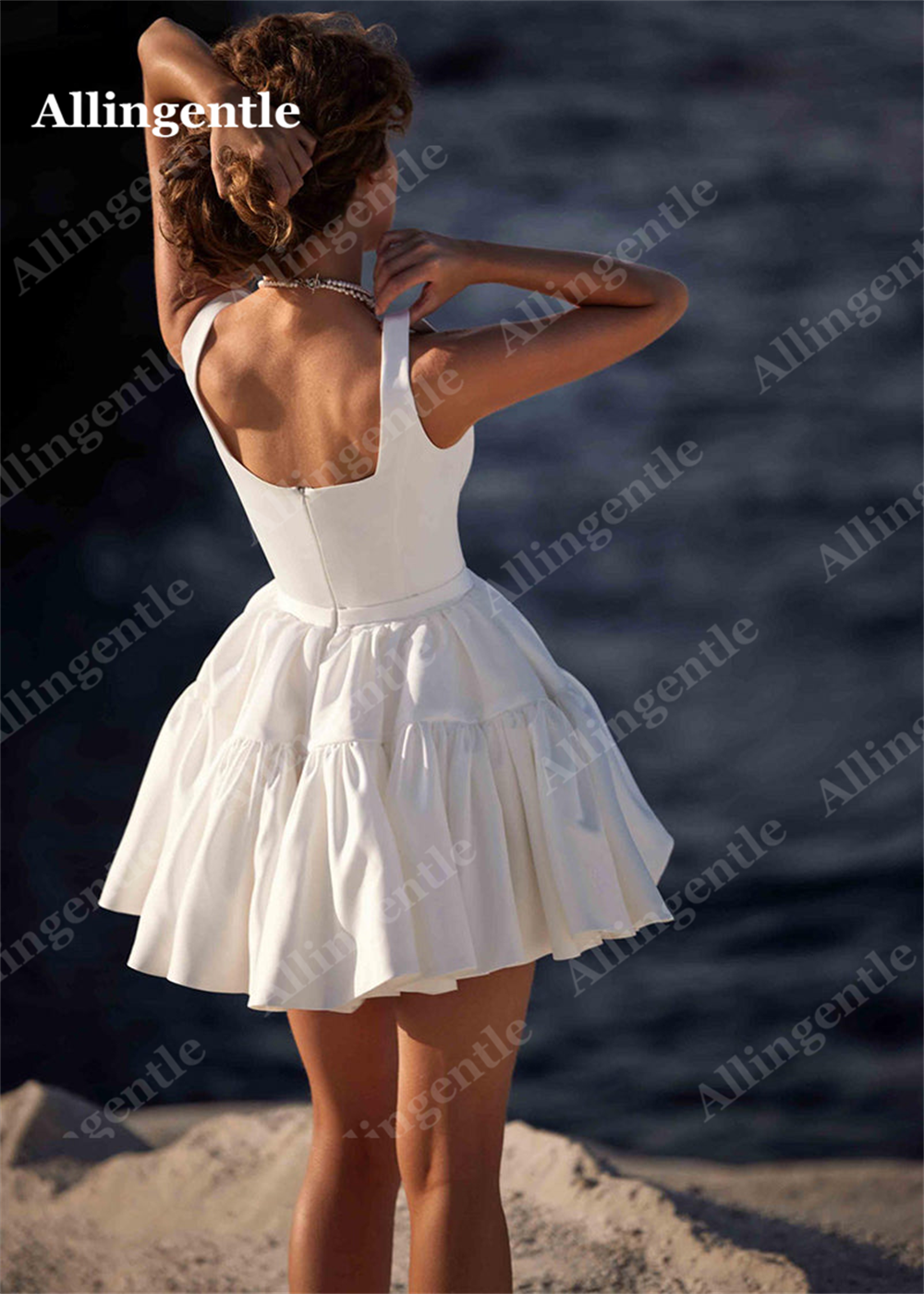 Allingentle Classic Fluffy A-Line Straps Square Sleeveless Short Cocktail Dress image 1