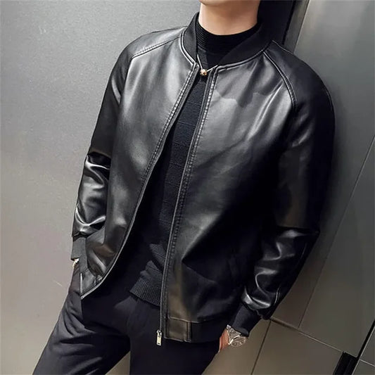Men's PU Leather Jacket Fashion Baseball Collar Casual  Jackets Solid Color Mot image 0