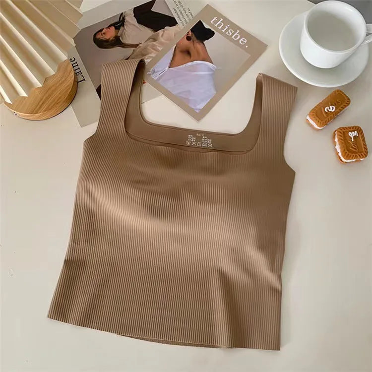 New Wide Shoulder Camisole Square Neck Beautiful Back Threaded Vest Women's Sea image 4