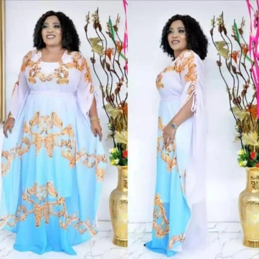 Two pcs set African Dresses For Women Autumn Sky-blue Africa Clothing Muslim Lo image 0
