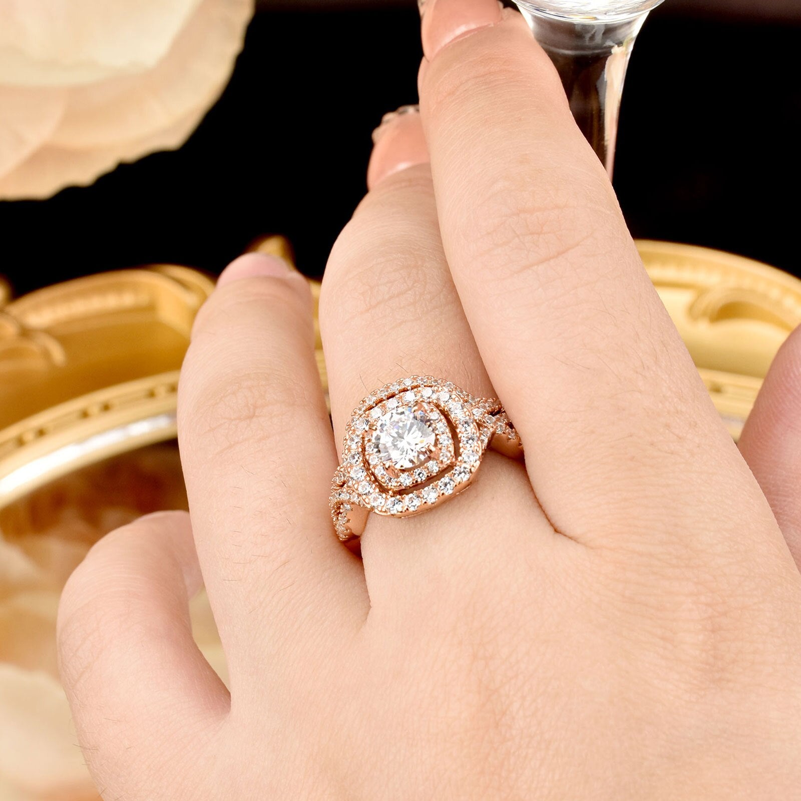 Newshe Yellow Rose Gold Wedding Engagement Ring Set For Women 925 image 5