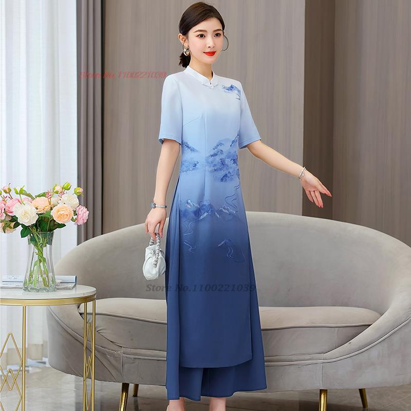 2024 vietnam aodai dress women national gradient color dress+pants set flower p image 0