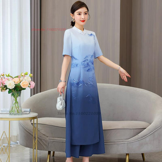 2024 vietnam aodai dress women national gradient color dress+pants set flower p image 0