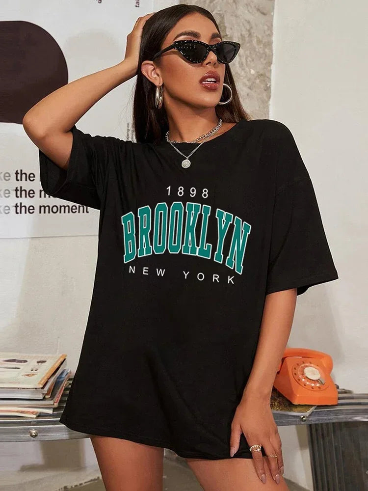 Women T Shirt 1898 Brooklyn York Letter Print Tops Tee Black T-shirt Female Sum image 6