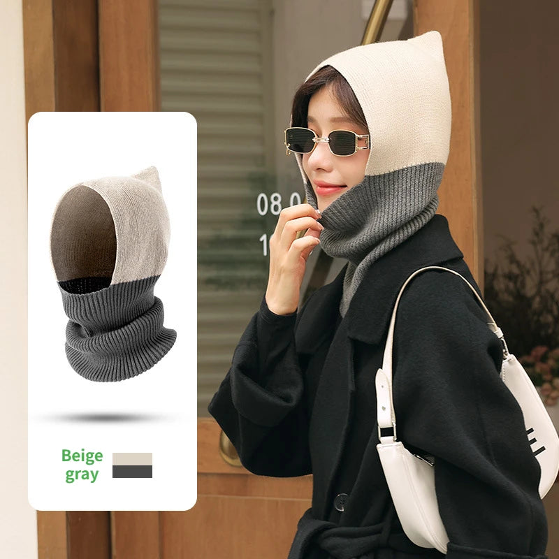 Winter Women Men's Knitted Cotton Hat Scarf Color Matching Two-color Balaclava  image 0