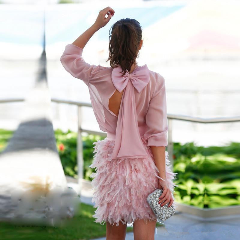 Pink Cocktail Dresses Sheath 3/4 Sleeves Short Mini Chiffon Feather Bow Elegant image 1