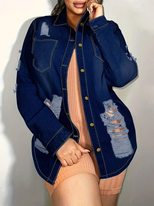Women Solid Color Stylish Button-down Denim Shirt Ripped Pocket Long-sleeved De image 0