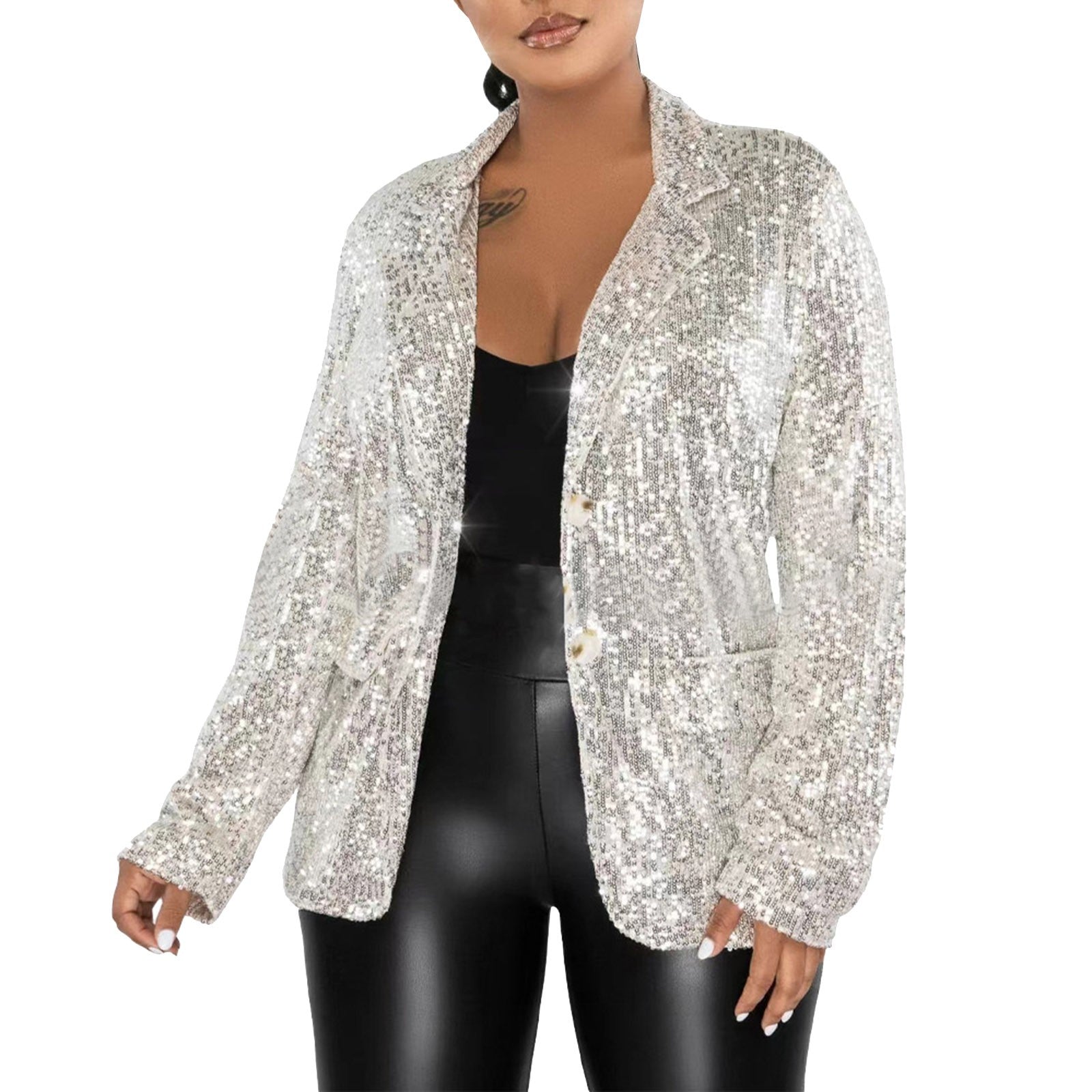 New Fashion Sequined Suit Jacket For Women Elegant Sequins Glitter Blazer Coat  image 3