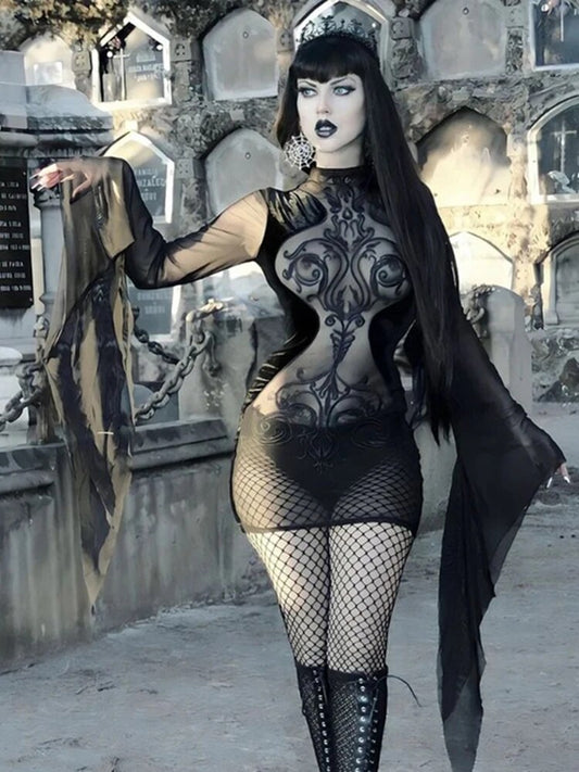 InsGoth Gothic Vintage Patchwork Women Dress Irregular Hem Solid Punk Fairy Ret image 0