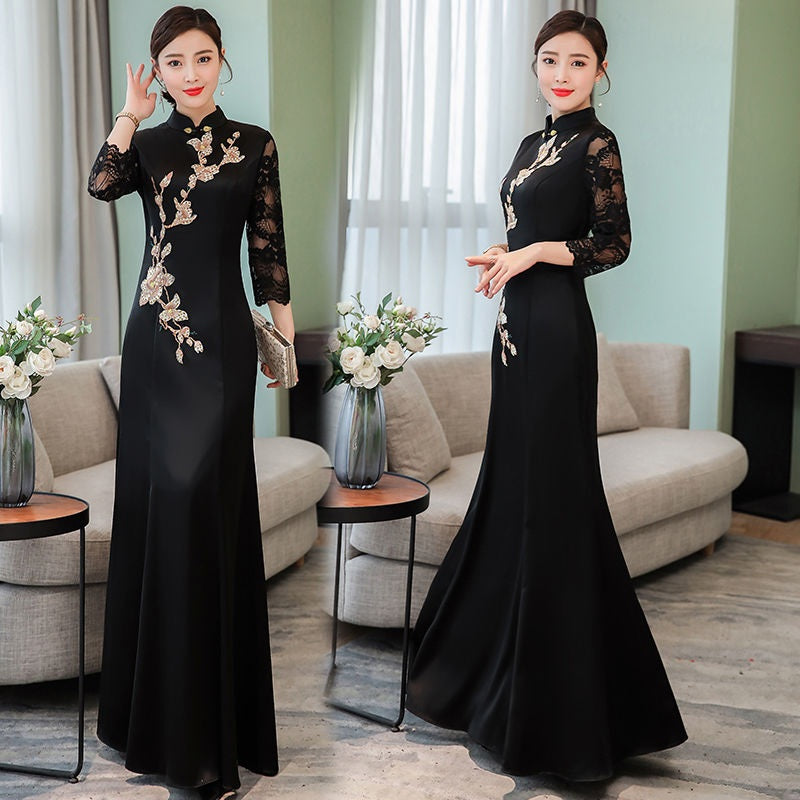 Black Slim Vintage Long Qipao Hanfu Women Ao Dai Dress Chinese Traditional Dres image 2