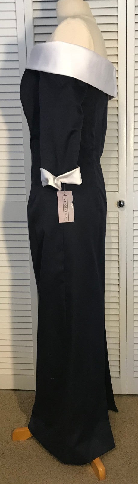 Victor Costa Women Dress Satin Navy White Band Bustline & Cuffs Size 8 image 2