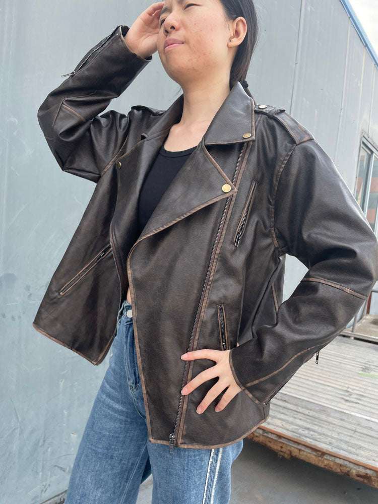 RR2478 Streetwear Worn Effect Bike Leather Jackets For Women Oversized Boyfrien image 3