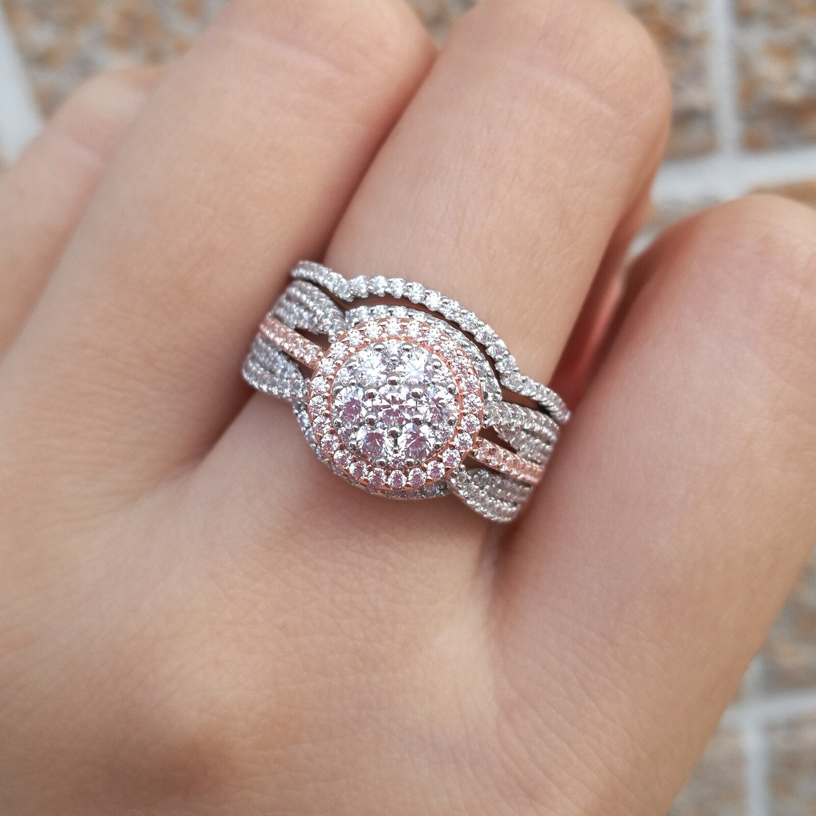 Newshe Halo Rose Gold Color Engagement Rings Wedding Ring Set For Women image 4