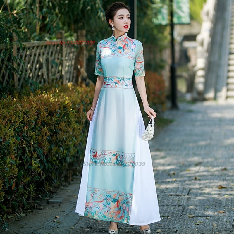 2024 vietnam traditional ao dai  dress national flower print cheongsam oriental image 3