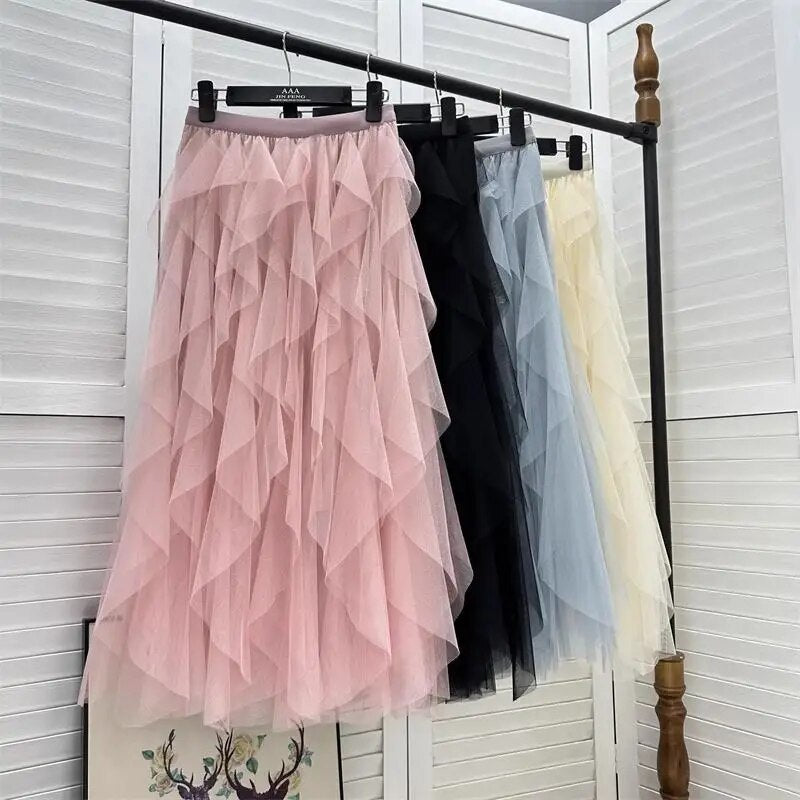 Tutu Tulle Long Maxi Skirt Women Fashion Korean Cute Pink High Waist Pleated Sk image 6
