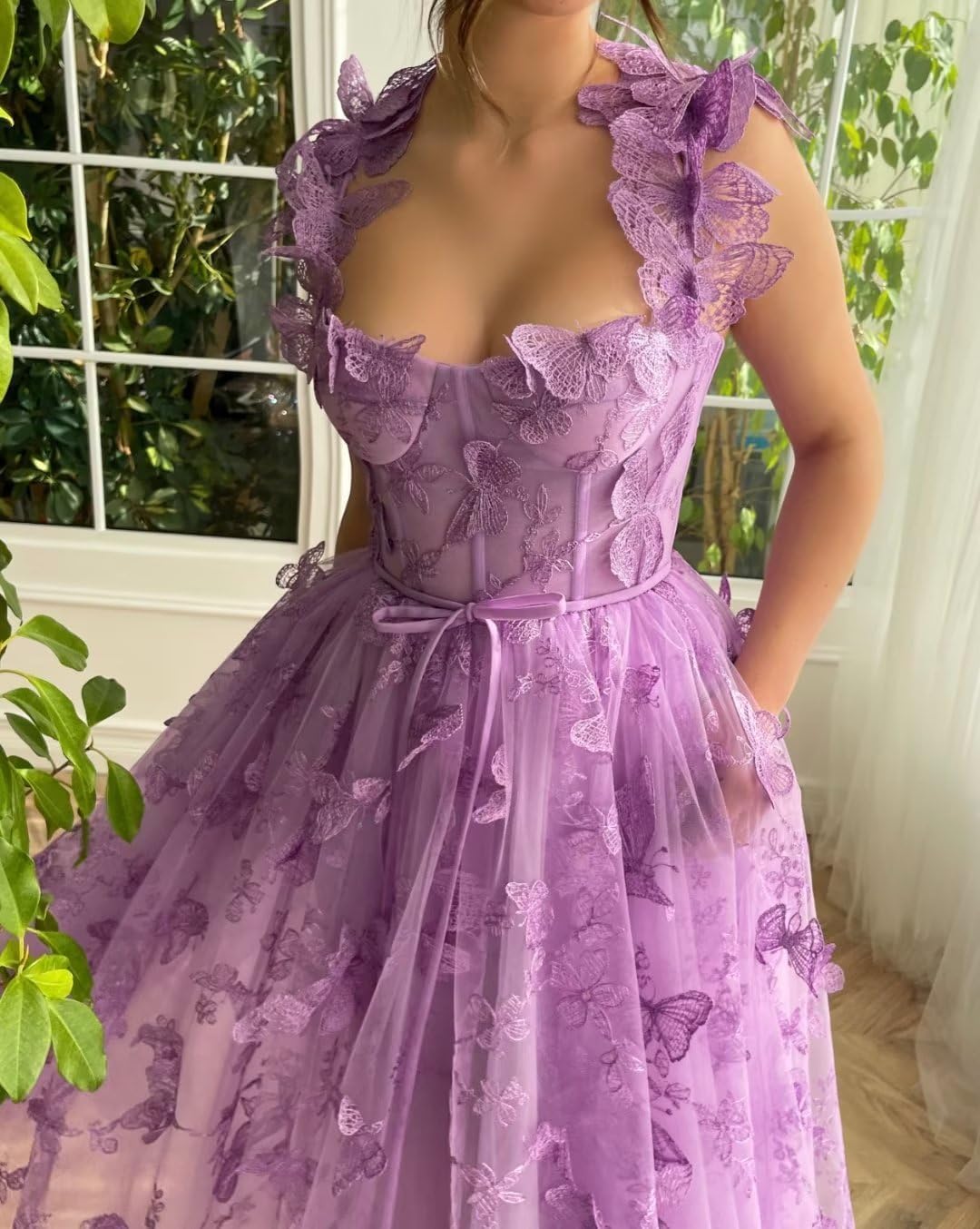 Women's 3D Butterfly Embroidered Homecoming Dress Lace Applique Tulle Prom Dres image 9
