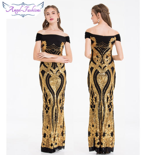 Angel-fashions Sparkling Gold Art-Deco Sequin Off Shoulder Cap Sleeve Formal Ev image 0