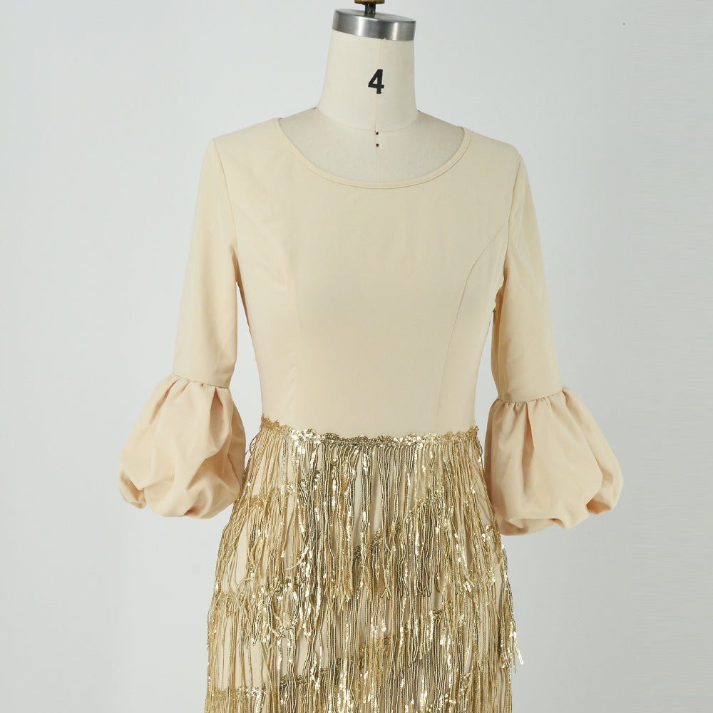 Women's Party Dresses Round Neck Lantern Long Sleeve Tassel Slim Gold Dress 202 image 5