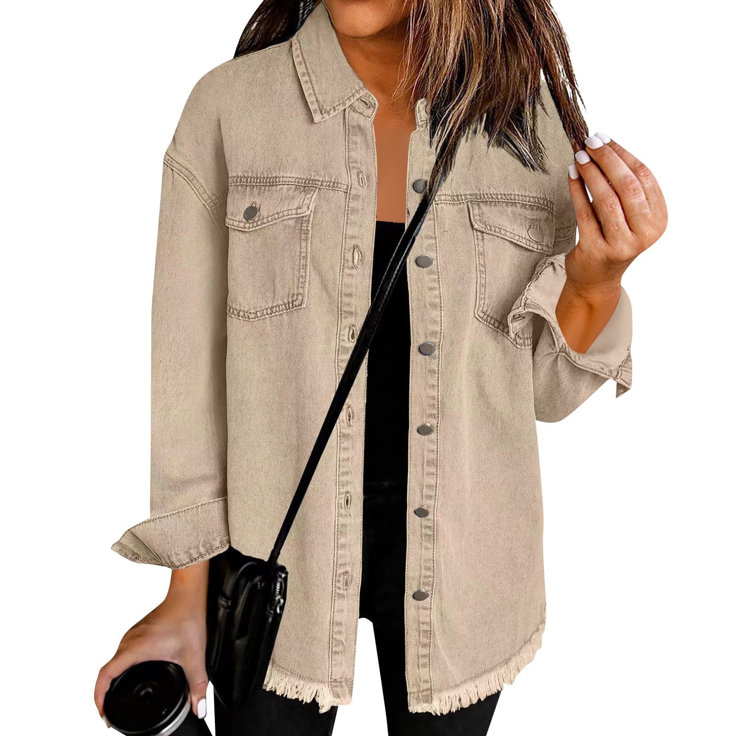 Women'S Fashion Denim Shirt Jacket Milled Hem Button Casual Long Sleeve Jacket  image 6