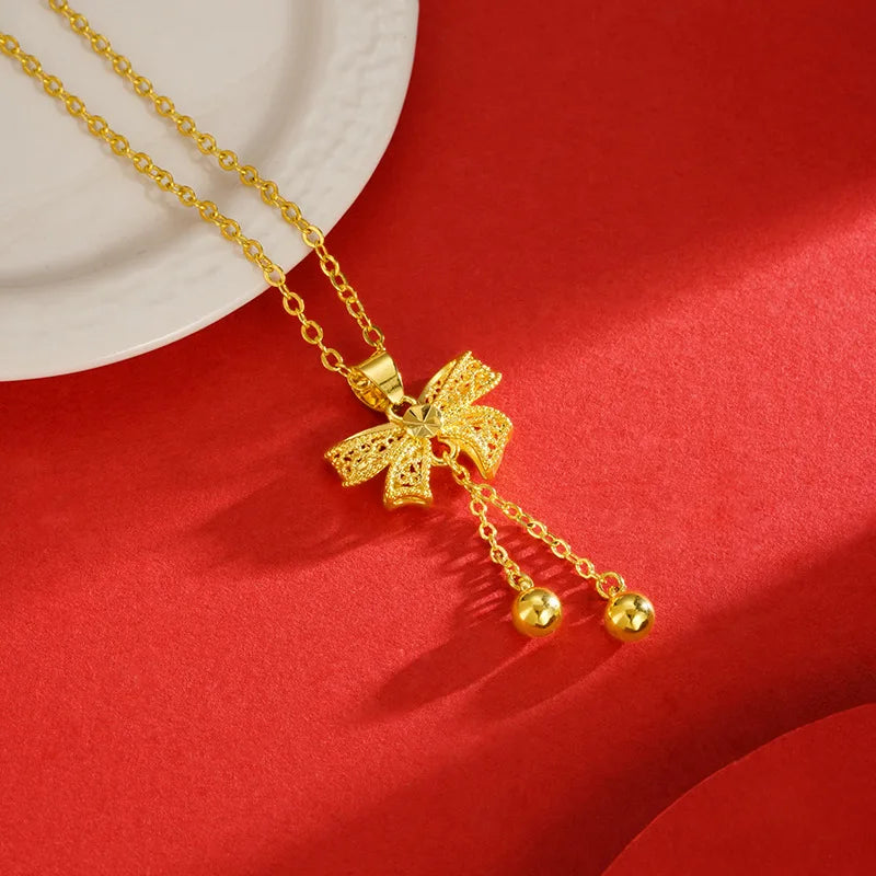 Pure 18 K Gold Color 3D Bow Pendant Women's Necklace for  Women Gold Color Chai image 2