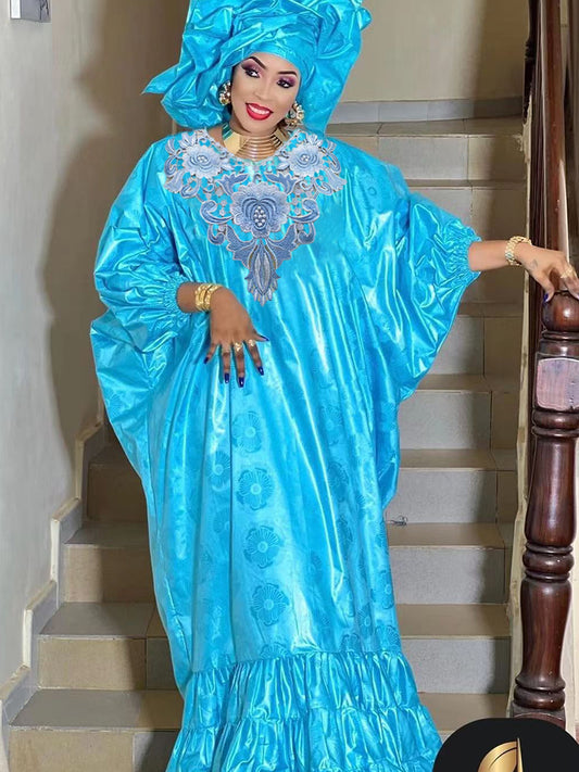 Blue Bazin Riche Long Dresses For African Women Traditional Wedding Party Cloth image 0