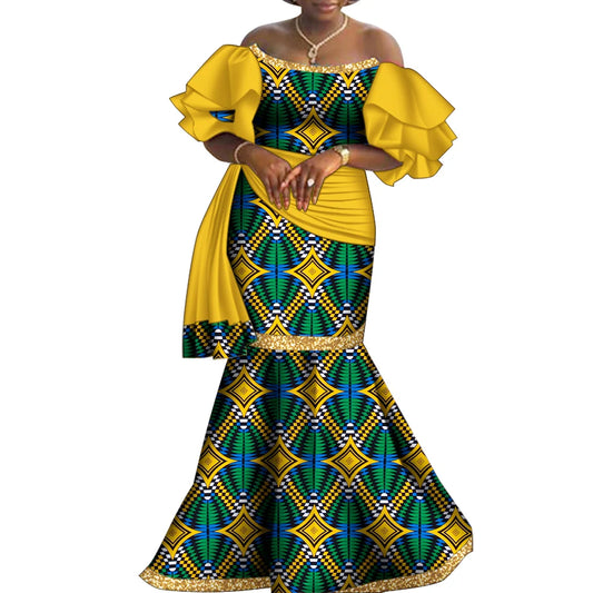 Bintarealwax Off-Shoulder Party Dress Dashiki Elegant Africa Style Clothing for image 0