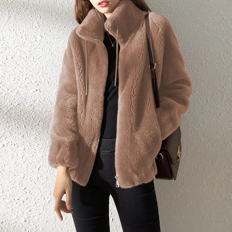 Female Winter Jacket Thickened Double-sided Velvet Stand-up Collar Warm Retro S image 3