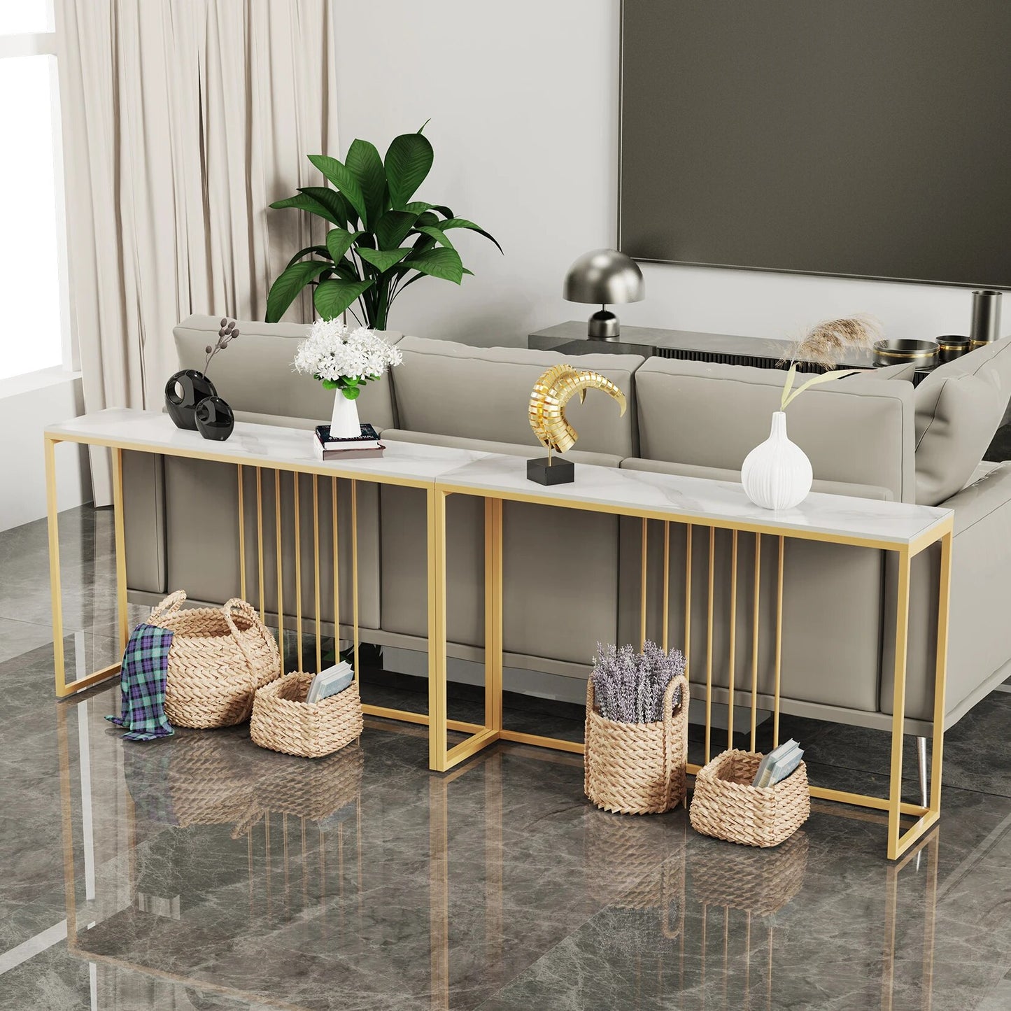 47.2" Extra Long Console Table Sintered Top Gold Metal Leg Sofa Table for Hallw image 5