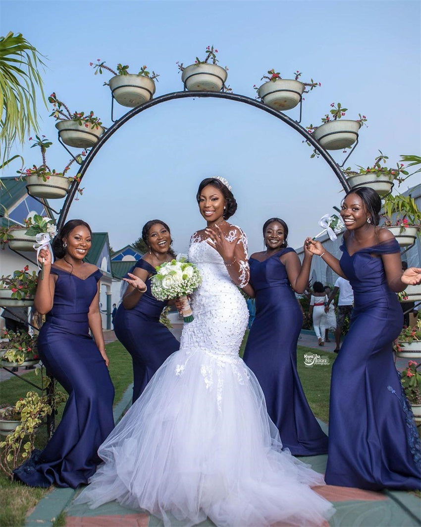 African Luxury Beading Mermaid Wedding Dress Long Sleeve Appliques Pearls Weddi image 2