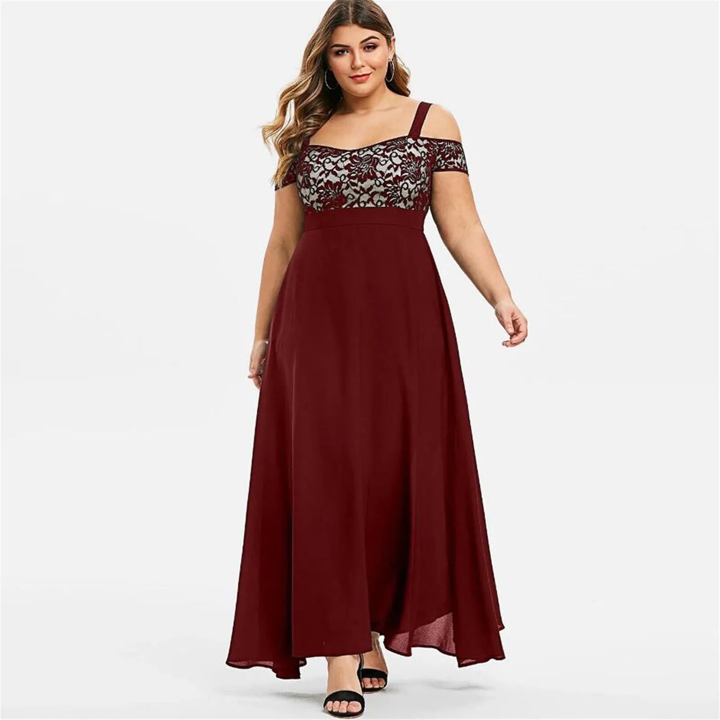 Plus Size Women Plus Size Cold Shoulder Floral Lace Maxi Party Evening Camis Lo image 3
