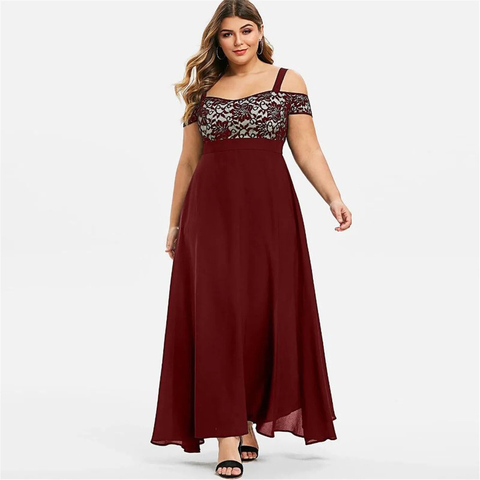 Plus Size Women Plus Size Cold Shoulder Floral Lace Maxi Party Evening Camis Lo image 3