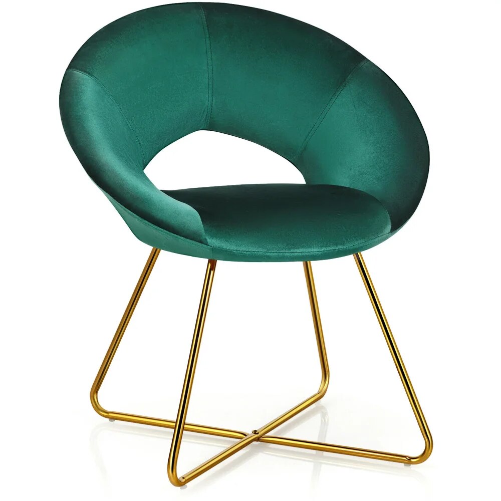 Accent Velvet Chair Dining Arm Chair Make-up Stool W/Golden Metal Leg Dark Gree image 1